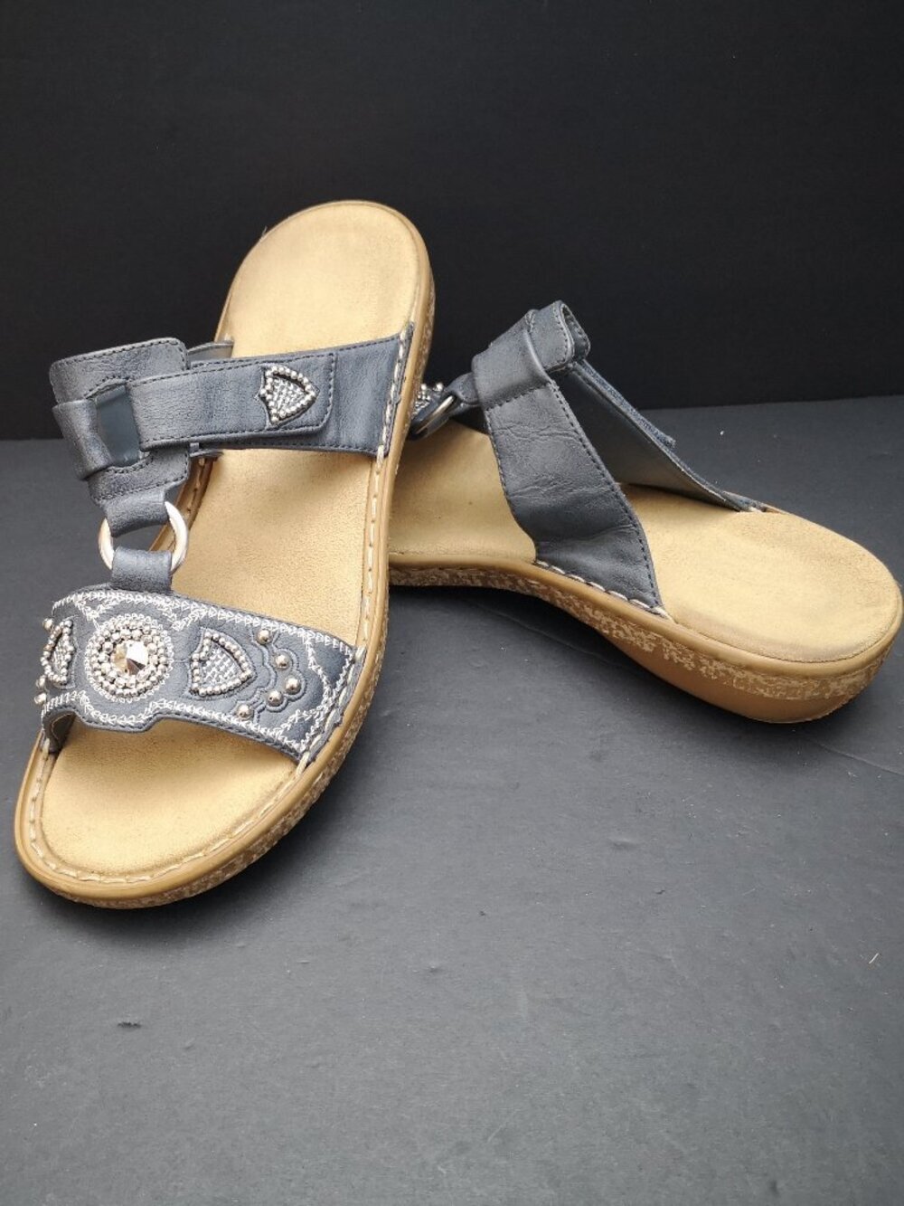 Rieker Ladies Size 38 (Approx. 7.5 - 8 US) Blue w/ Silver Tone Slip In Sandals